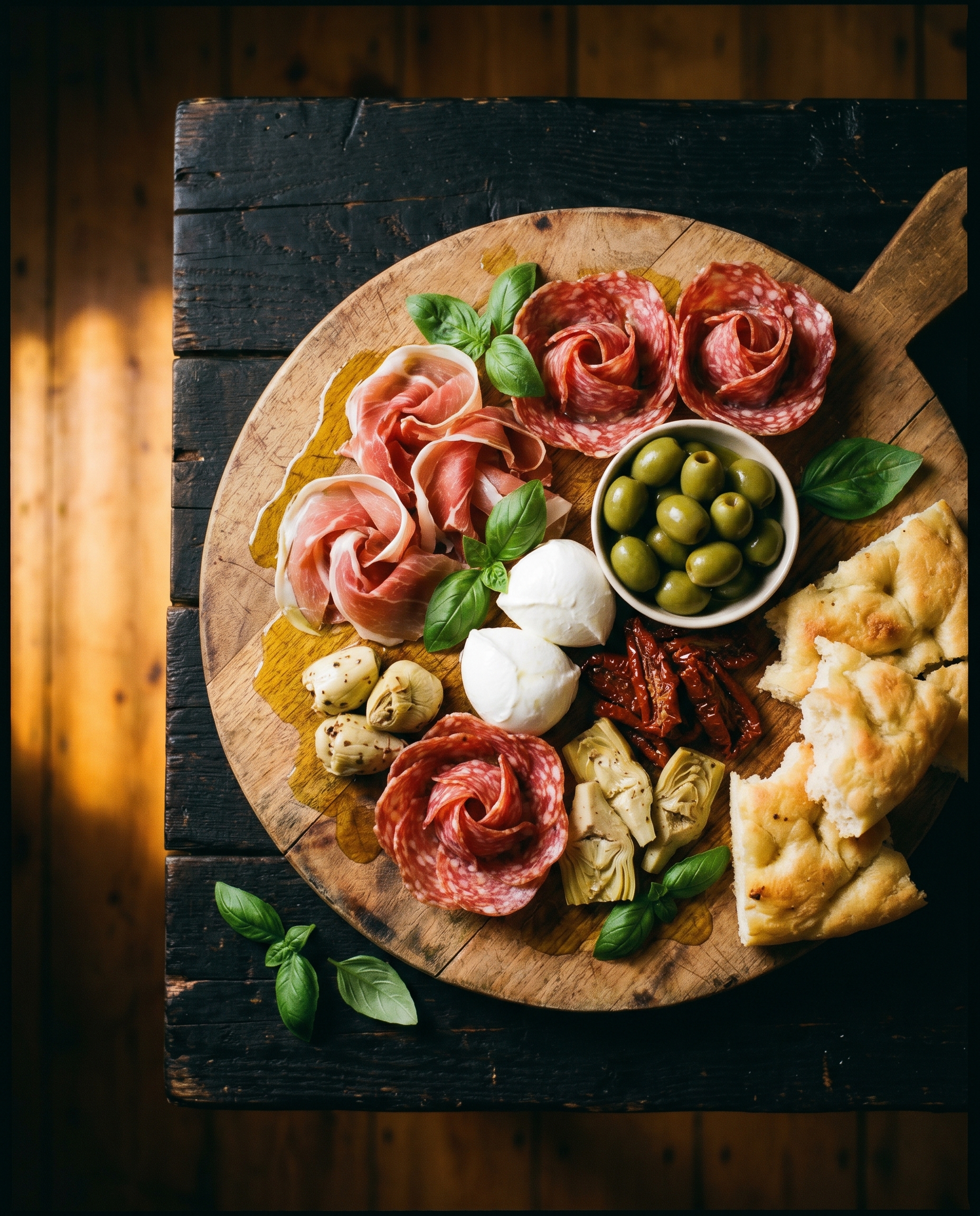 Plateau d'antipasto charcuterie, olives et fromages italiens