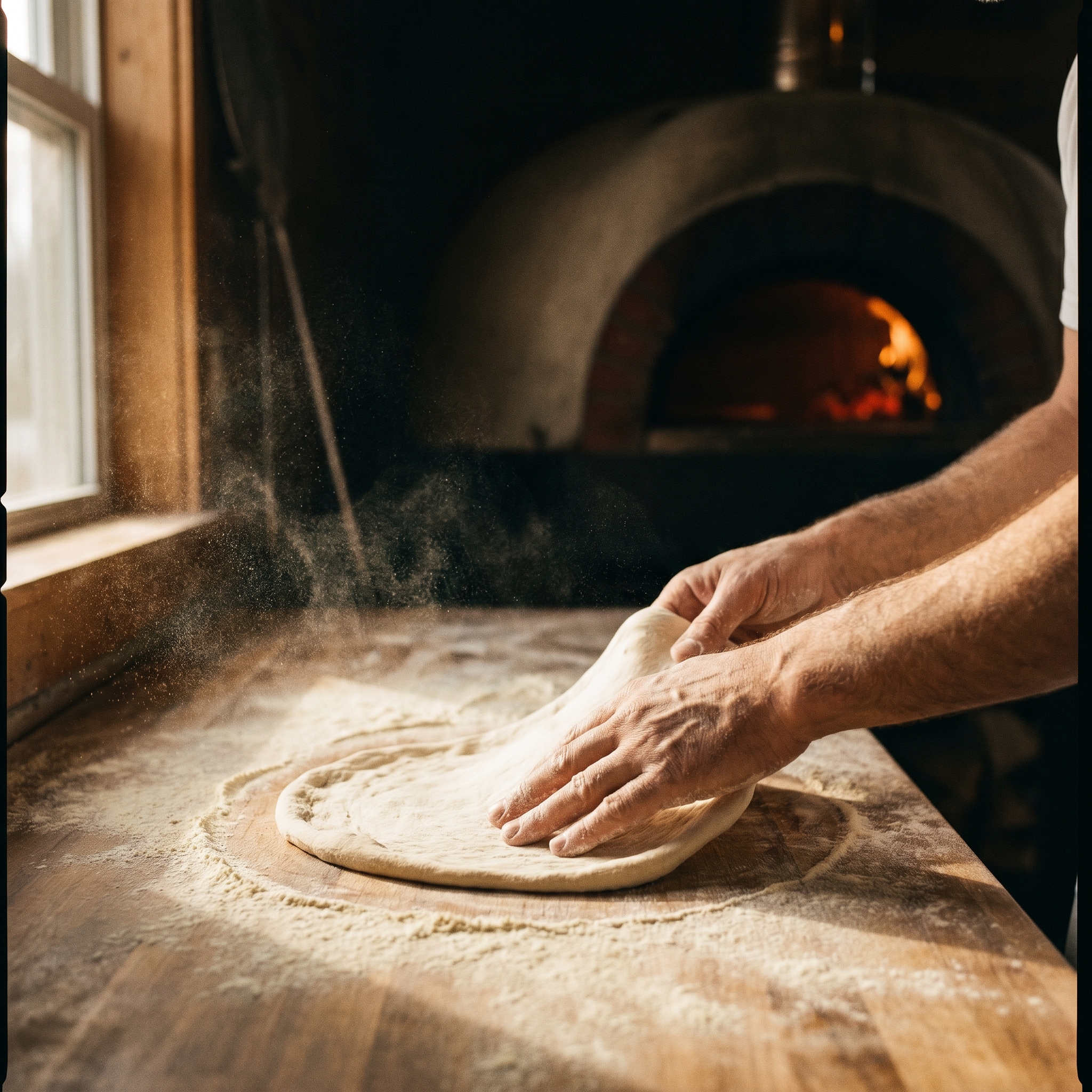 Mains du pizzaiolo formant la pâte à pizza près du four à bois
