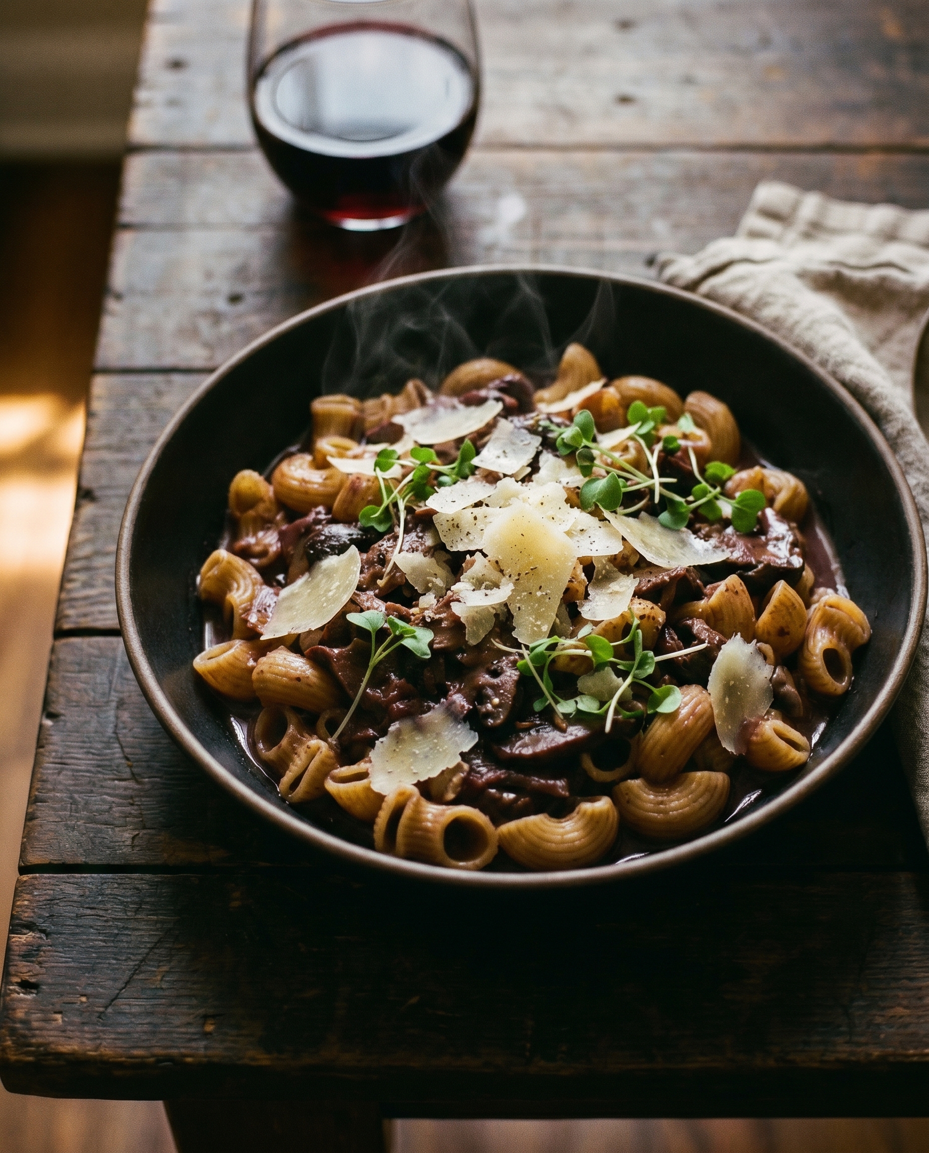 Pipe rigate aux champignons et sauce au vin rouge